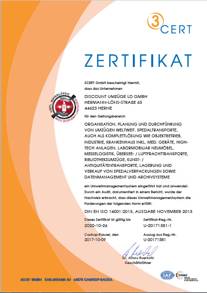Zertifikat nach DIN EN ISO 14001 für Discount-Umzüge