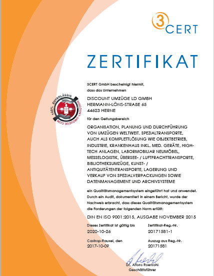 Zertifikat nach DIN EN ISO 9001 für Discount-Umzüge